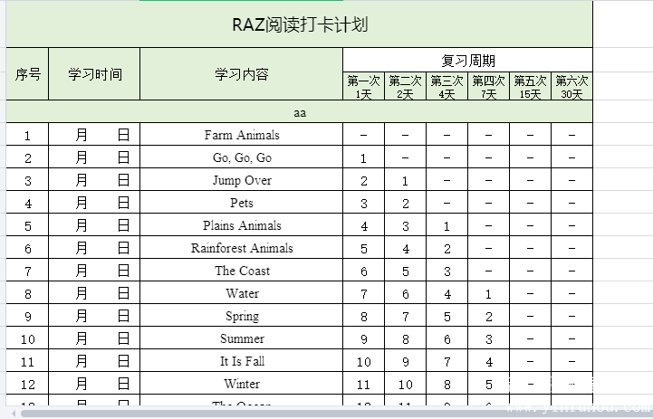 raz打卡计划表表格