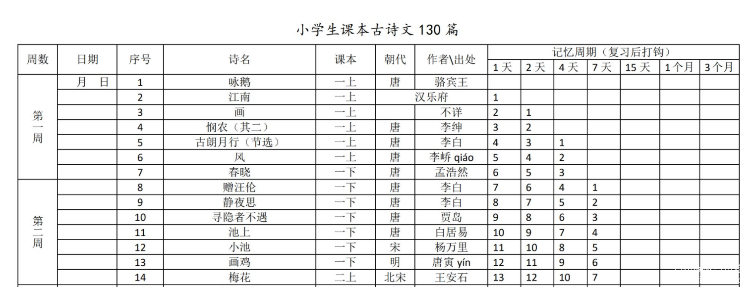 小学生必背课本古诗文打卡表