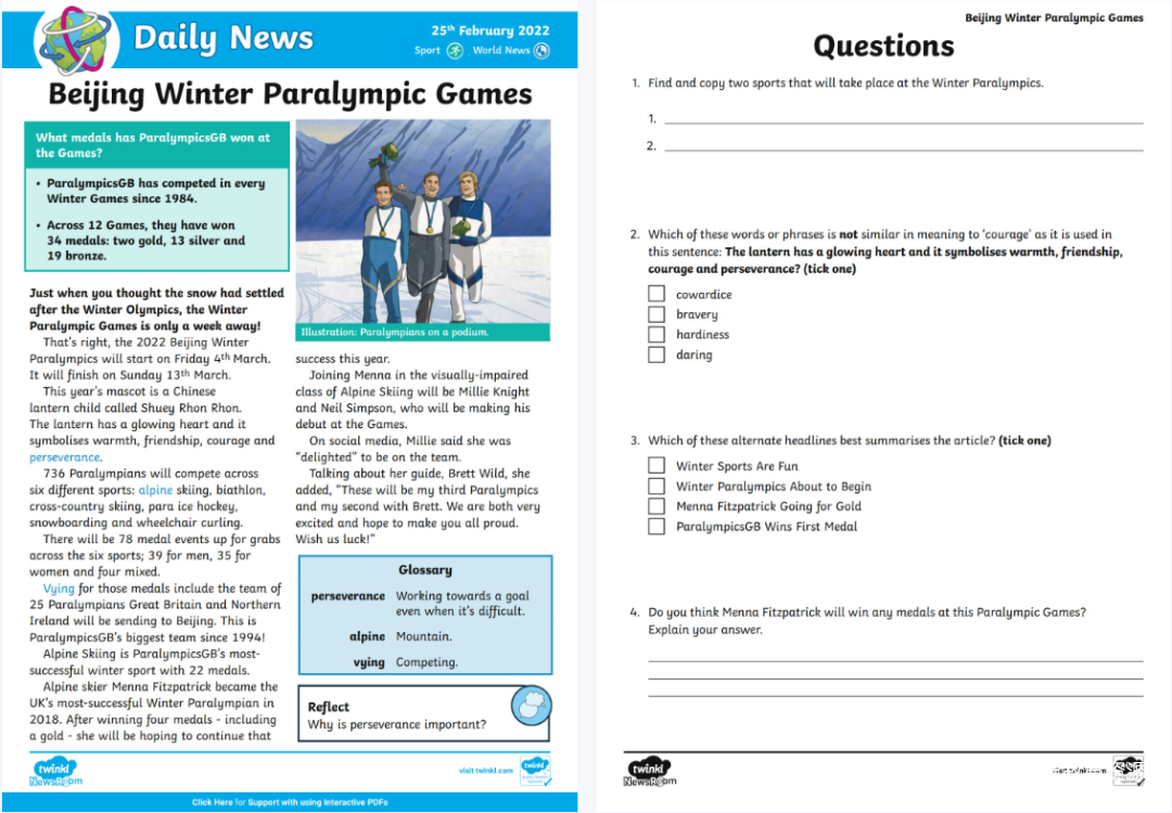 Twinkl精彩时文阅读练习系列《Daily News Comprehension Pack》