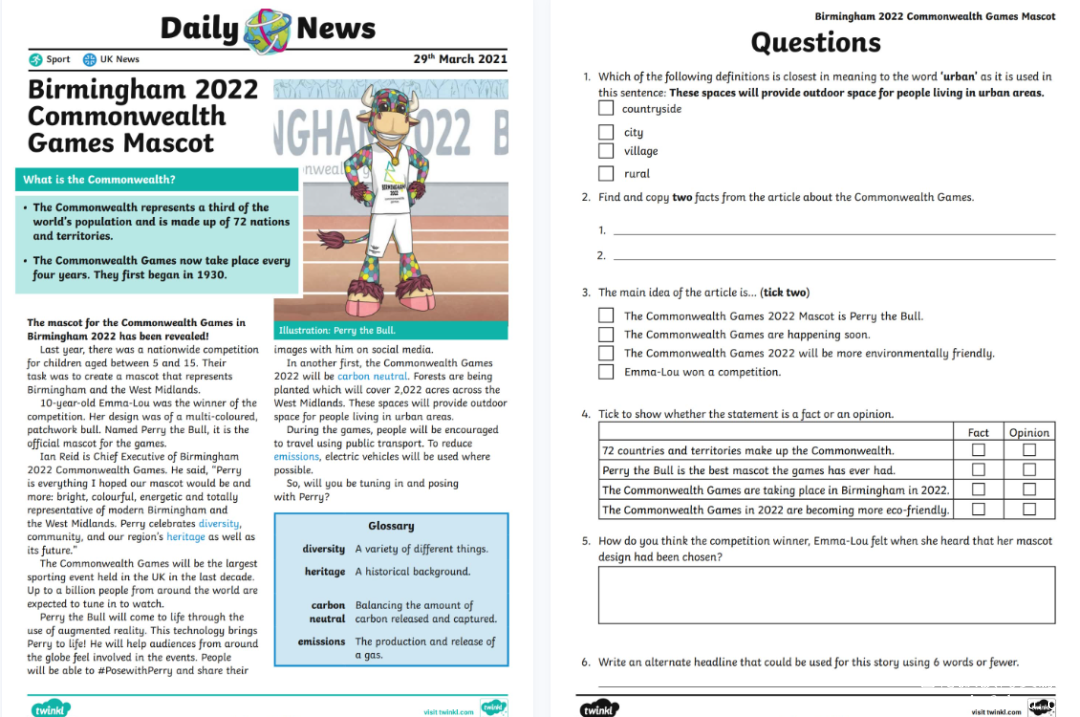 Twinkl精彩时文阅读练习系列《Daily News Comprehension Pack》