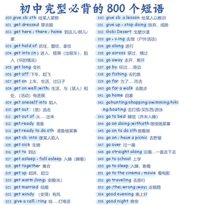 初中完型必备的800个短语 背完考试稳稳拿分